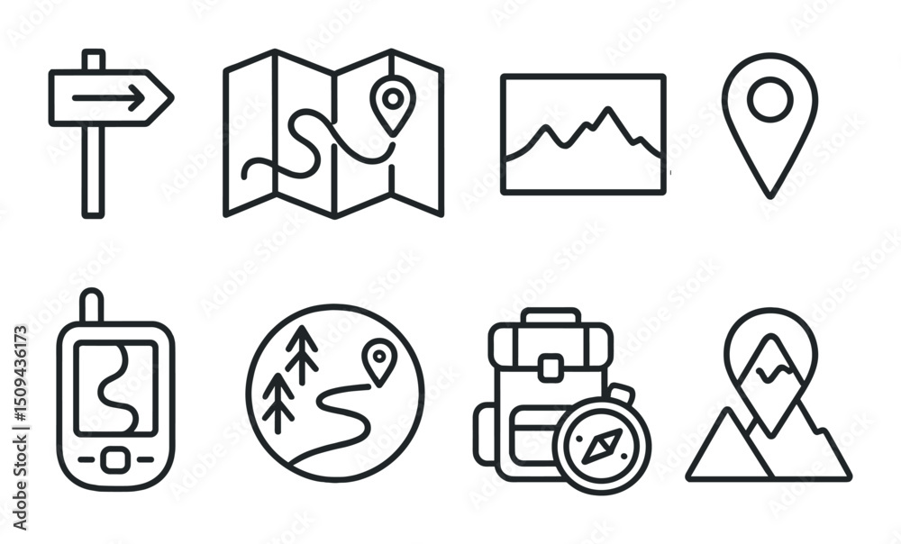 Hiking and navigation outline icons set – map, trail and directional symbols Hiking and navigation outline icons set – map, trail and directional symbols