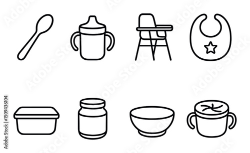 Baby feeding essentials outline icons set – silhouette, infant, nutrition symbols