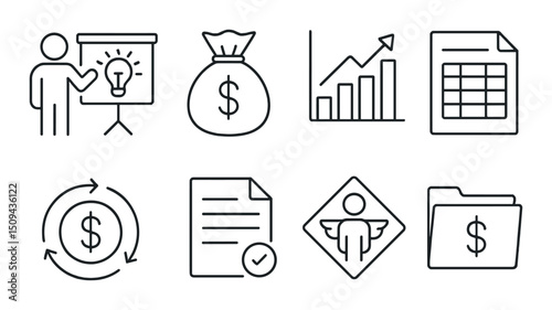 Startup funding icons set – outline, simple and business finance symbols