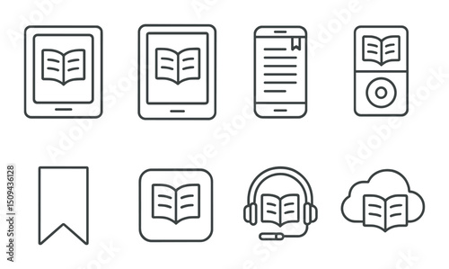 Digital reading devices silhouette icons set – e-reader, audiobook, cloud styling symbols