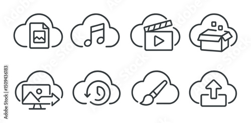 Creative cloud linear icons set – simple design, artistic and multimedia symbols