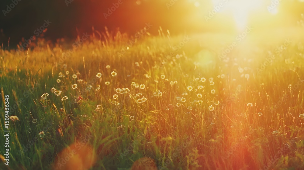 Fototapeta premium Golden Hour Meadow Summer Flowers Sunset Landscape