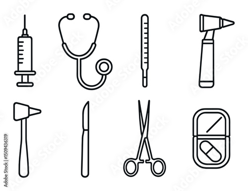 Medical tools icons set – outline, healthcare and medical equipment symbols