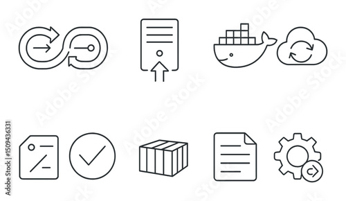 Devops tools linear icons set – outline, software deployment and cloud integration symbols