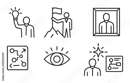 Visionary leadership outline icons set – simple style for strategy and innovation