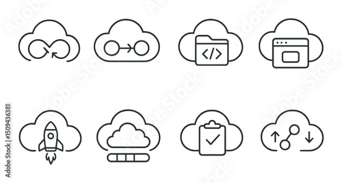 Cloud devops linear icons set – outline, development, and deployment symbols