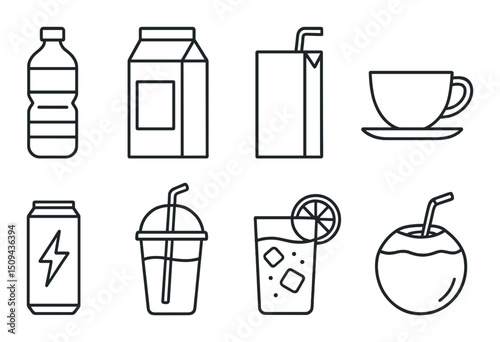 Beverage line icons set – outline, drink and refreshment symbols for menus