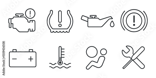 Vehicle alert line icons set – automotive, dashboard, warning symbols for safety