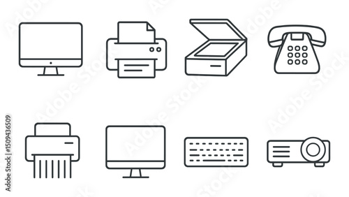 Office devices outline icons set – silhouette, equipment and technology symbols