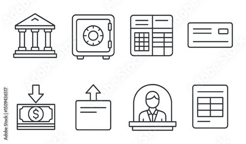 Banking and finance outline icons set – financial, money management symbols