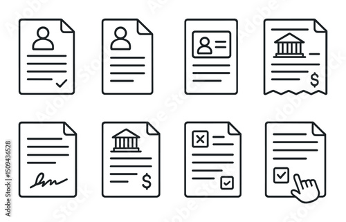 Banking document outline icons set – financial, paperwork and business symbols