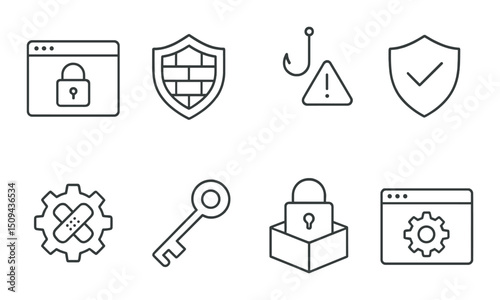 Web security linear icons set – outline, cybersecurity and safety symbols