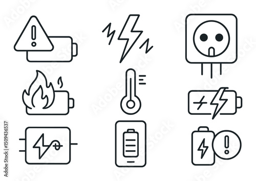 Charging safety outline icons set – silhouette, battery protection and power symbols