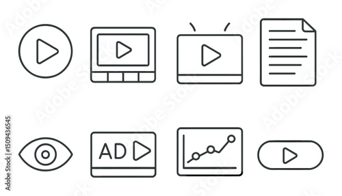 Video marketing outline icons set – media, advertising, and promotion symbols