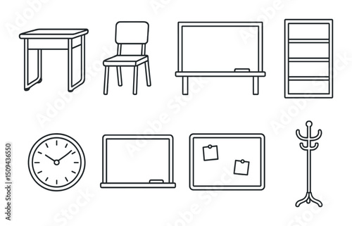 School furniture outline icons set – educational, classroom, and academia symbols