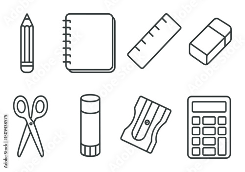 Classroom supplies outline icons set – simple stationery, school and learning symbols