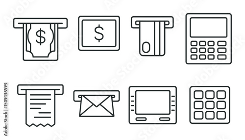 Atm and banking outline icons set – finance, transaction and payment symbols