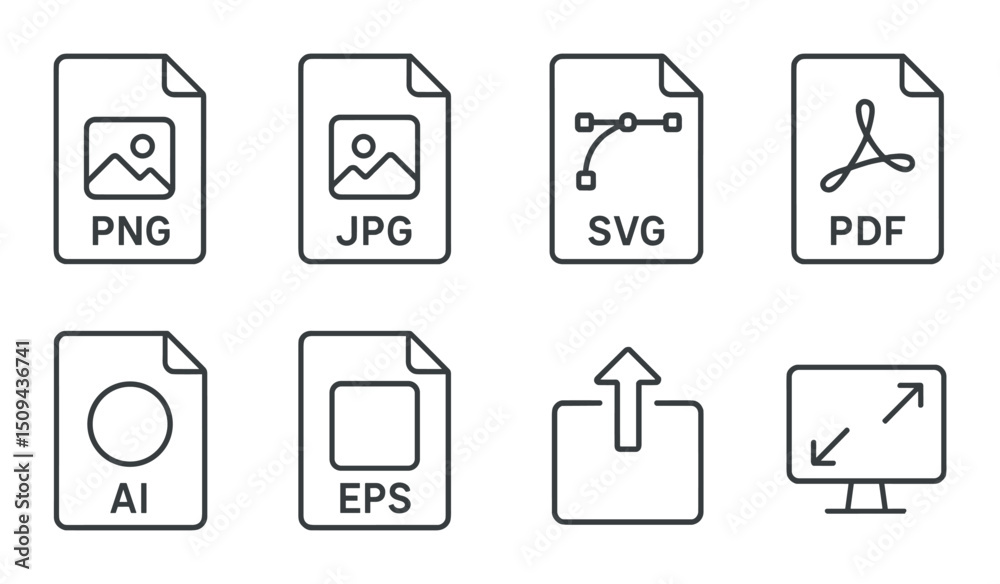 File format silhouette icons set – outline, document and extension symbol collection