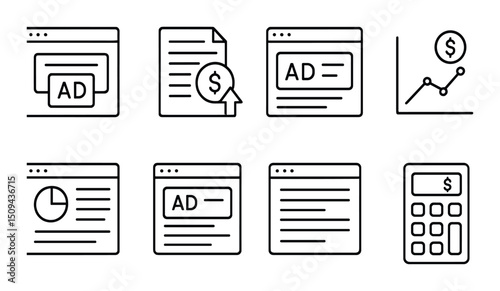 Search marketing line icons set – linear, digital advertising and seo symbols