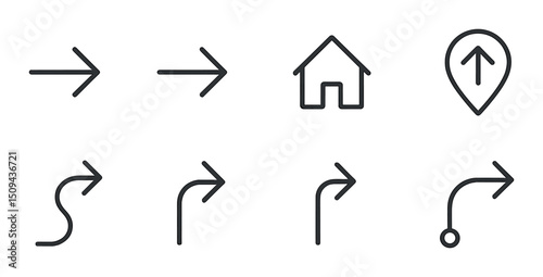 Navigation arrow silhouette icons set – direction, map symbols for wayfinding