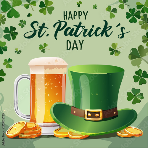 A jolly green celebration with shamrocks, beer, and gold, featuring playful "Happy St. Patrick’s Day" text.