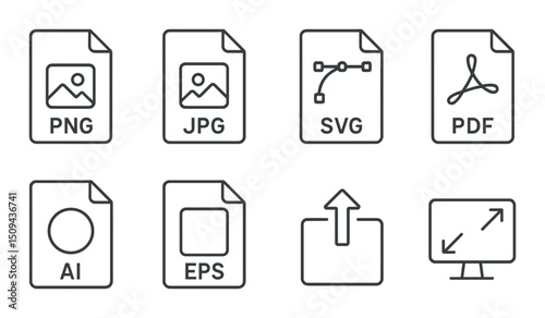 File format silhouette icons set – outline, document and extension symbol collection
