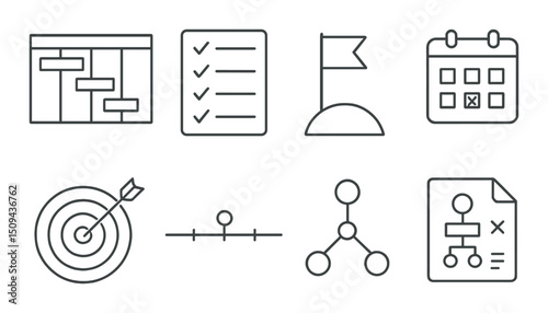 Project planning outline icons set – linear, task management and schedule symbols