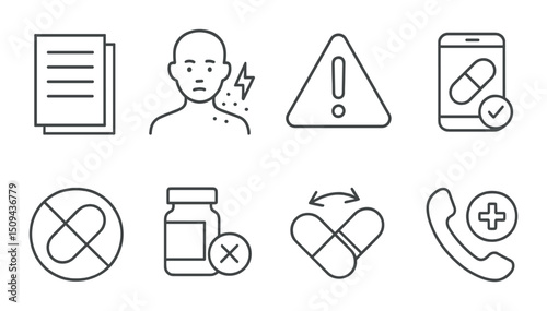 Drug safety outline icons set – linear, medication and healthcare symbols