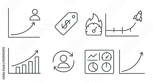 Startup metrics outline icons set – silhouette, data analysis and performance tracking