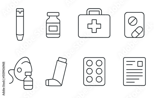 Emergency medications silhouette icons set – health, drugs and pharmacy symbols
