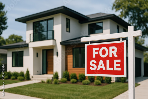 Contemporary House With Glass And Wood Facade Featuring For Sale Sign In Green Suburban Area