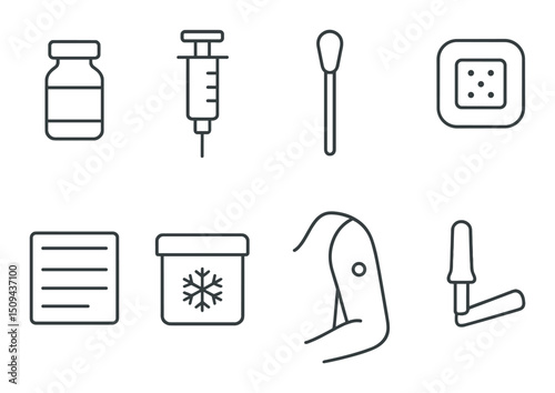 Vaccination outline icons set – silhouette, immunization and health care essentials
