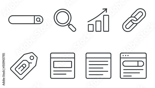 Seo and analytics linear icons set – data, strategy and optimization symbols