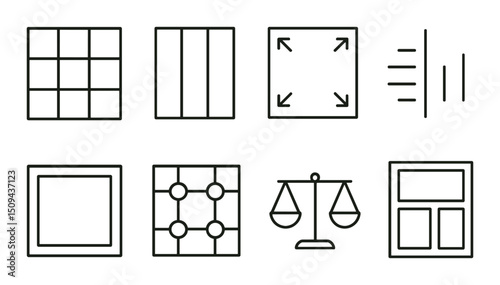 Design tools outline icons set – simple, layout and composition symbols