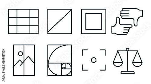 Photography composition line icons set – outline, framing and symmetry symbols