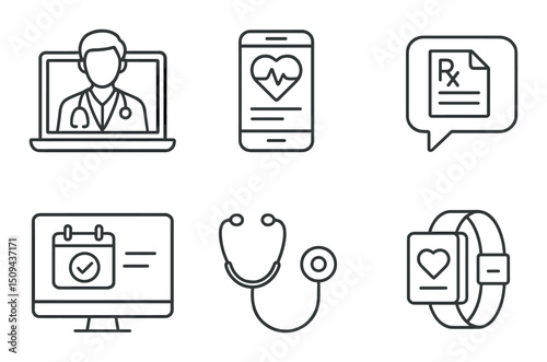 Telemedicine outline icons set – healthcare, digital consultation and medical symbols