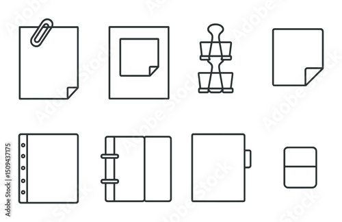 Office and paper linear icons set – outline, stationery and document management graphics