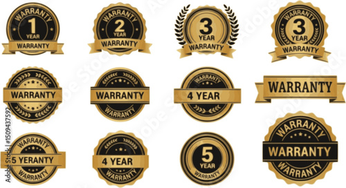 1, 2, 3 and 5 year warranty logo set in golden color vector illustration. One, two, three and five year Warranty labels, stamp designs in golden and black color. Set of golden warranty vector template