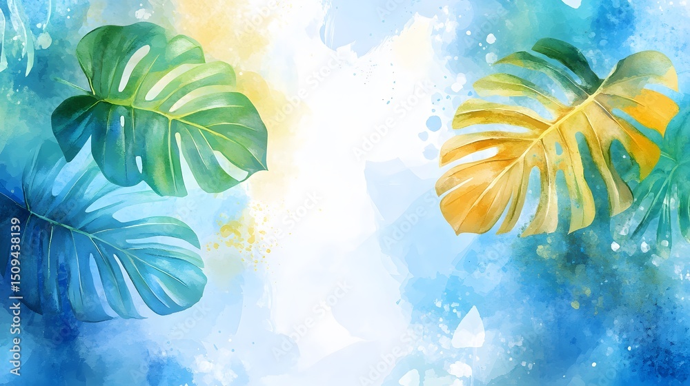 Naklejka premium Watercolor Tropical Monstera Leaves Background