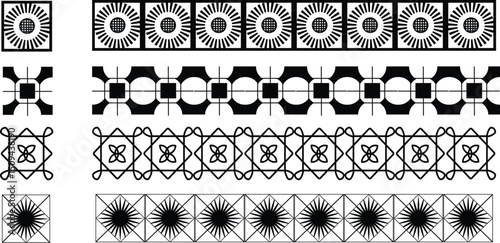 A collection of seamless vector borders and decorative motifs in outline style. Perfect for digital projects, packaging, textile design, invitations, and web graphics.Web
