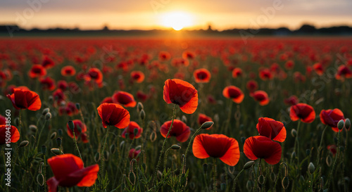 Fototapeta Naklejka Na Ścianę i Meble -  Enchanting poppy field at golden hour red flowers at sunset serene floral landscape in nature s