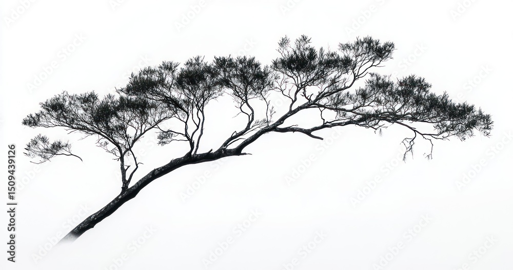 Fototapeta premium Leaning tree silhouette against stark white background