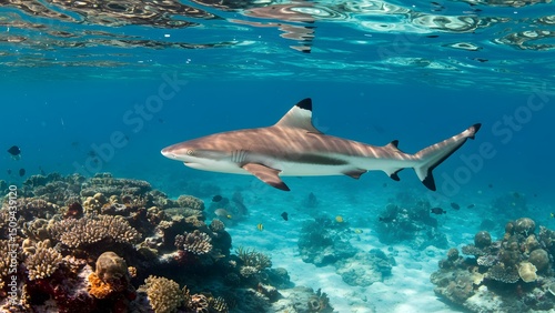 Blacktip Reef Shark Swimming in Clear Tropical Waters