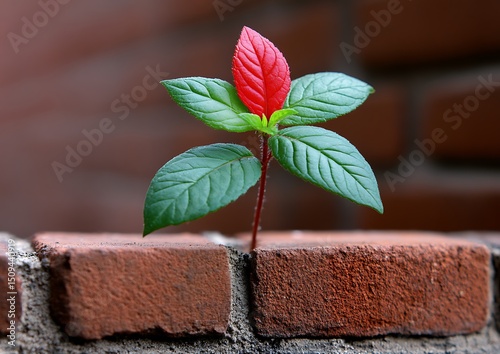 Small plant growing through brick photo