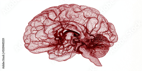 Detailed illustration of human brain anatomy highlighting blood vessels in red on white background
