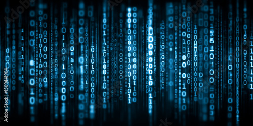 Blue vertical binary code resembling digital rain or matrix effect on dark background

