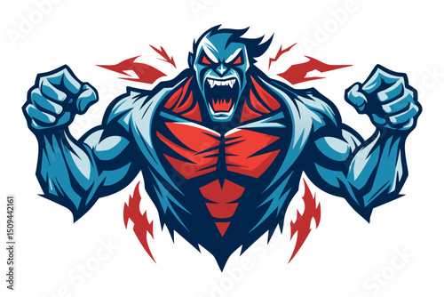 An aggressive, muscular mascot with red eyes and prominent veins, clenching its fists and roaring, with lightning bolts radiating outwards.