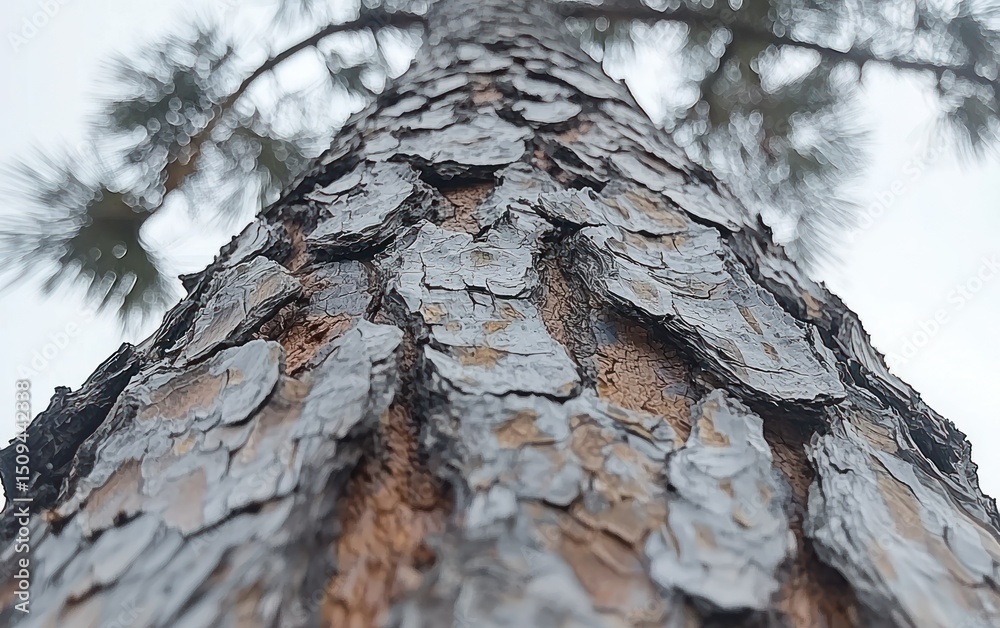 Pine tree bark upward view, rough, textured trunk Pine tree bark upward view, rough, textured trunk