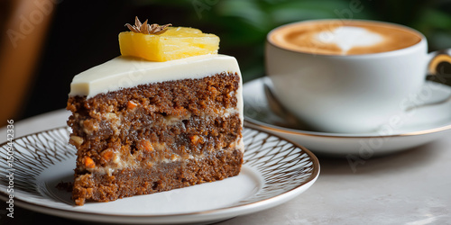 Delicious pineapple carrot cake slice with cream frosting and cappuccino on modern table
