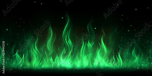 Neon green fire flames with glowing sparks and energy effects on black background
